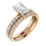 French Pave Emerald Cut Diamond Engagement Ring Set Rose Gold