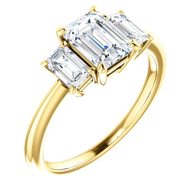 3 stone emerald cut diamond engagement ring yellow gold