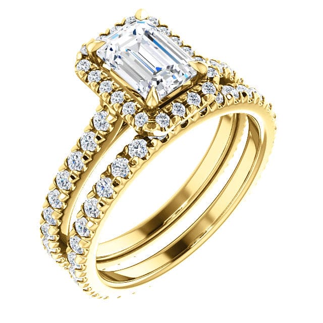 Halo emerald cut diamond engagement set  yellow gold