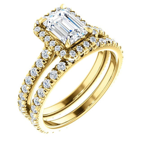 Halo Emerald Cut Diamond Engagement Set  yellow gold