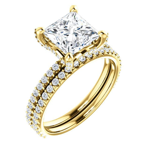 Hidden Halo Princess Cut Engagement Ring Set, Yellow Gold