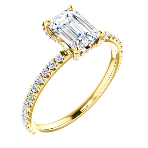 emerald cut diamond ring with diamonds on the prong, Under Halo yellow gold