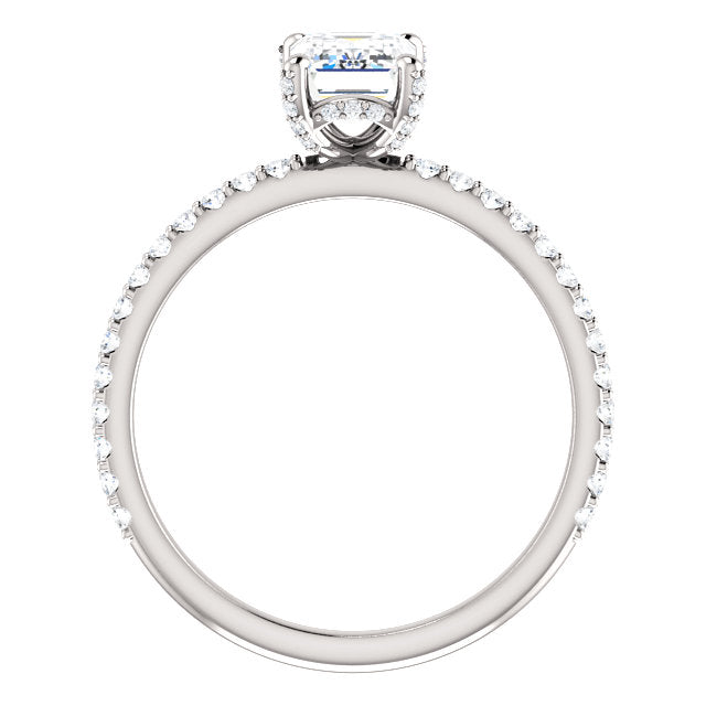 Hidden halo emerald cut engagement ring profile view