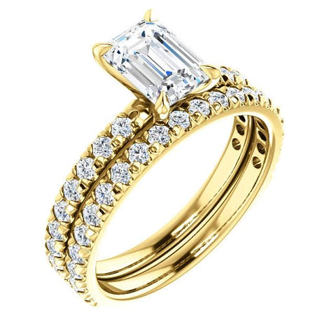 French Pave Emerald Cut Diamond Engagement Ring Set Yellow Gold