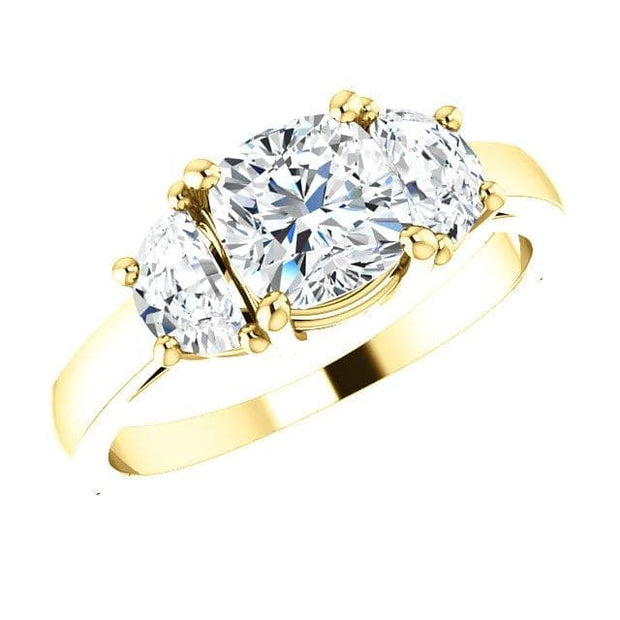 3 Stone Diamond Ring Cushion Cut n Half Moons yellow gold