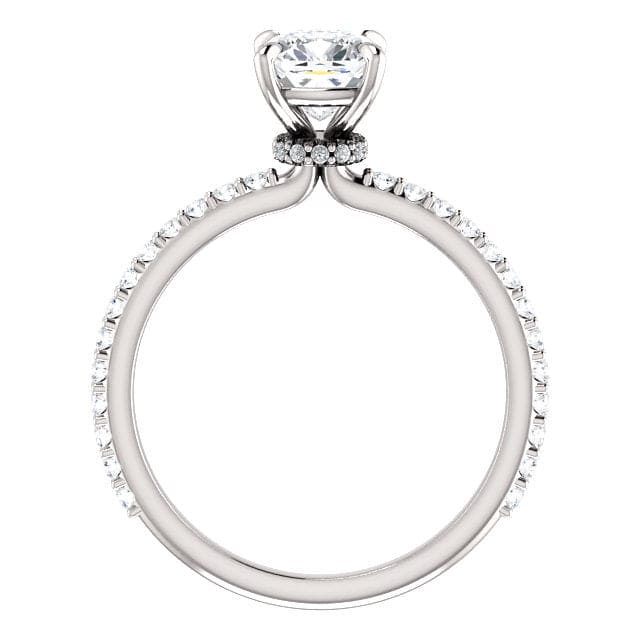 Cushion cut engagement ring under halo side view