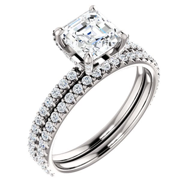 Hidden halo asscher cut diamond ring set