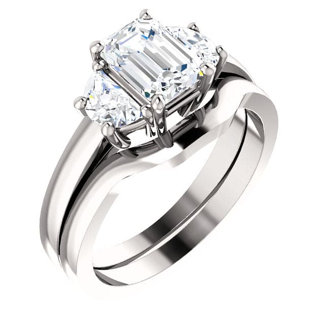 3 Stone Emerald Cut Diamond Ring Set, Emerald with Half Moons