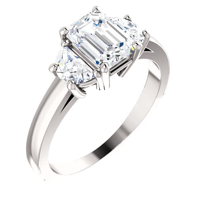 3 stone emerald cut diamond ring, emerald with half moons