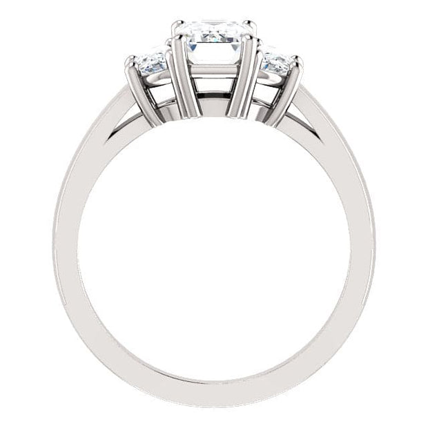 3 Stone Emerald Cut Diamond Ring, Emerald with Half Moons Profile View