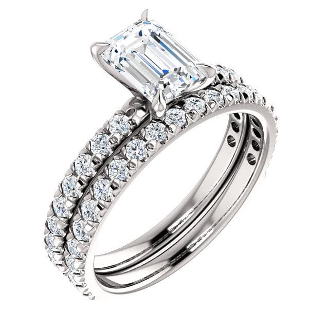 French pave emerald cut diamond engagement ring set white gold