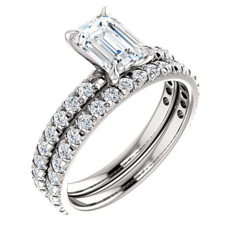 French Pave Emerald Cut Diamond Engagement Ring Set white gold