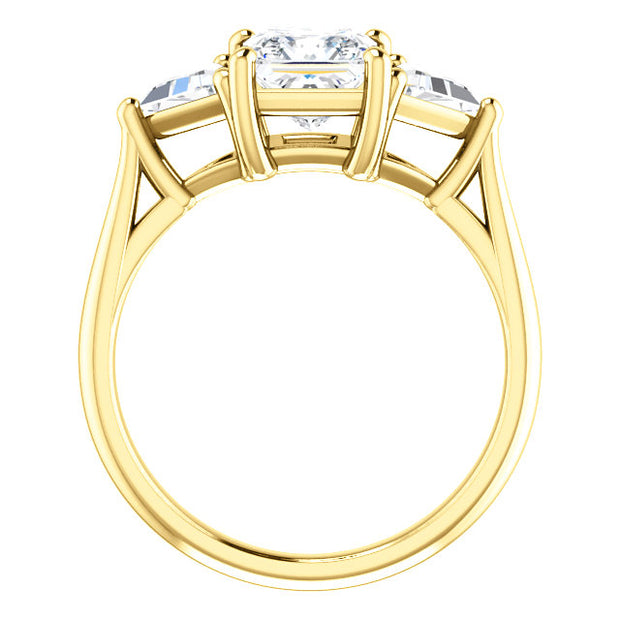 Princess w Trillion Cut 3 Stone Diamond Ring yellow gold side view
