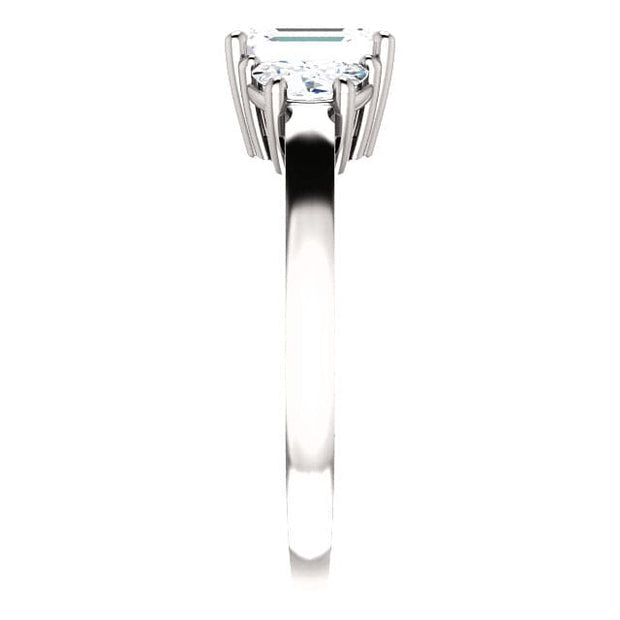3 Stone Emerald Cut Diamond Ring, Emerald with Half Moons Side View