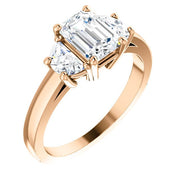 3 Stone Emerald Cut Diamond Ring, Emerald with Half Moons in Rose Gold