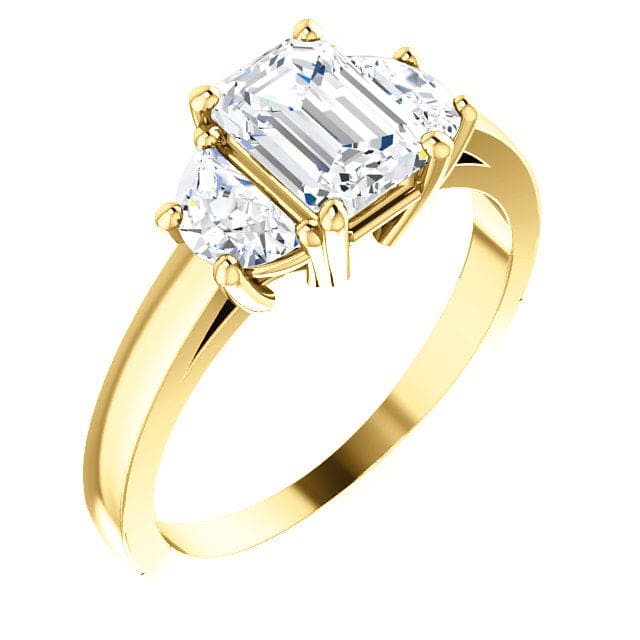 3 stone emerald cut & half moons diamond ring yellow