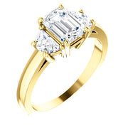 3 Stone Emerald Cut & Half Moons Diamond Ring Yellow