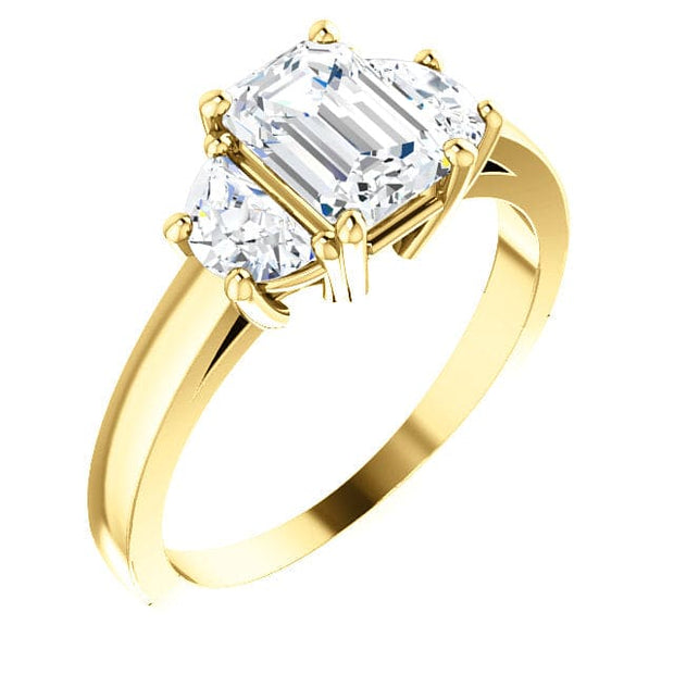 3 Stone Emerald Cut Diamond Ring, Emerald with Half Moons in Yellow Gold