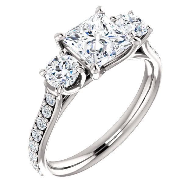 3 stone princess cut w rounds diamond ring in white gold
