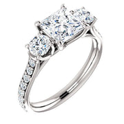 3 Stone princess Cut w Rounds Diamond Ring in White Gold