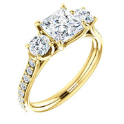 3 Stone princess Cut w Rounds Diamond Ring in yellow Gold