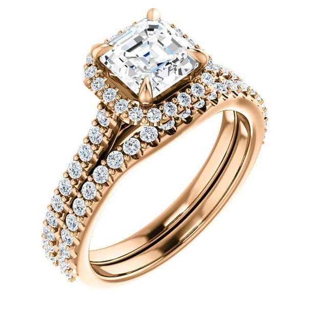 Halo Asscher Cut Engagement Ring Set Rose 