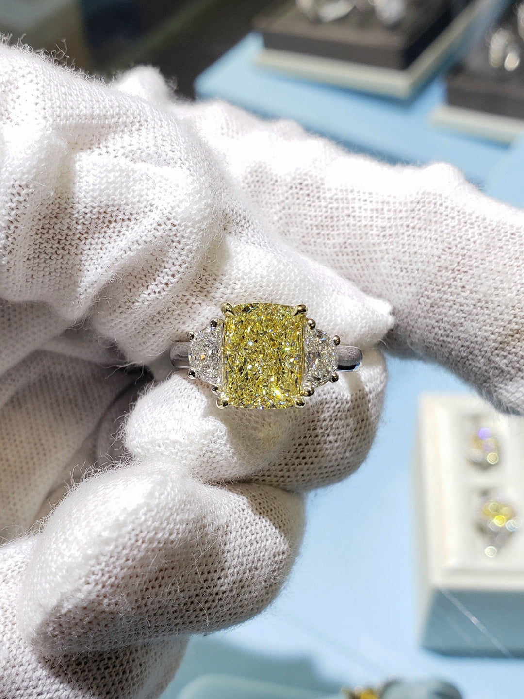 Yellow Cushion & Half Moons Three Stone Ring Front View