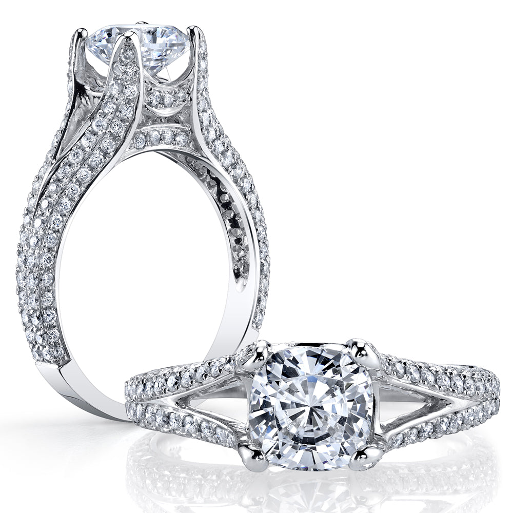  cushion cut split shank engagement ring white gold
