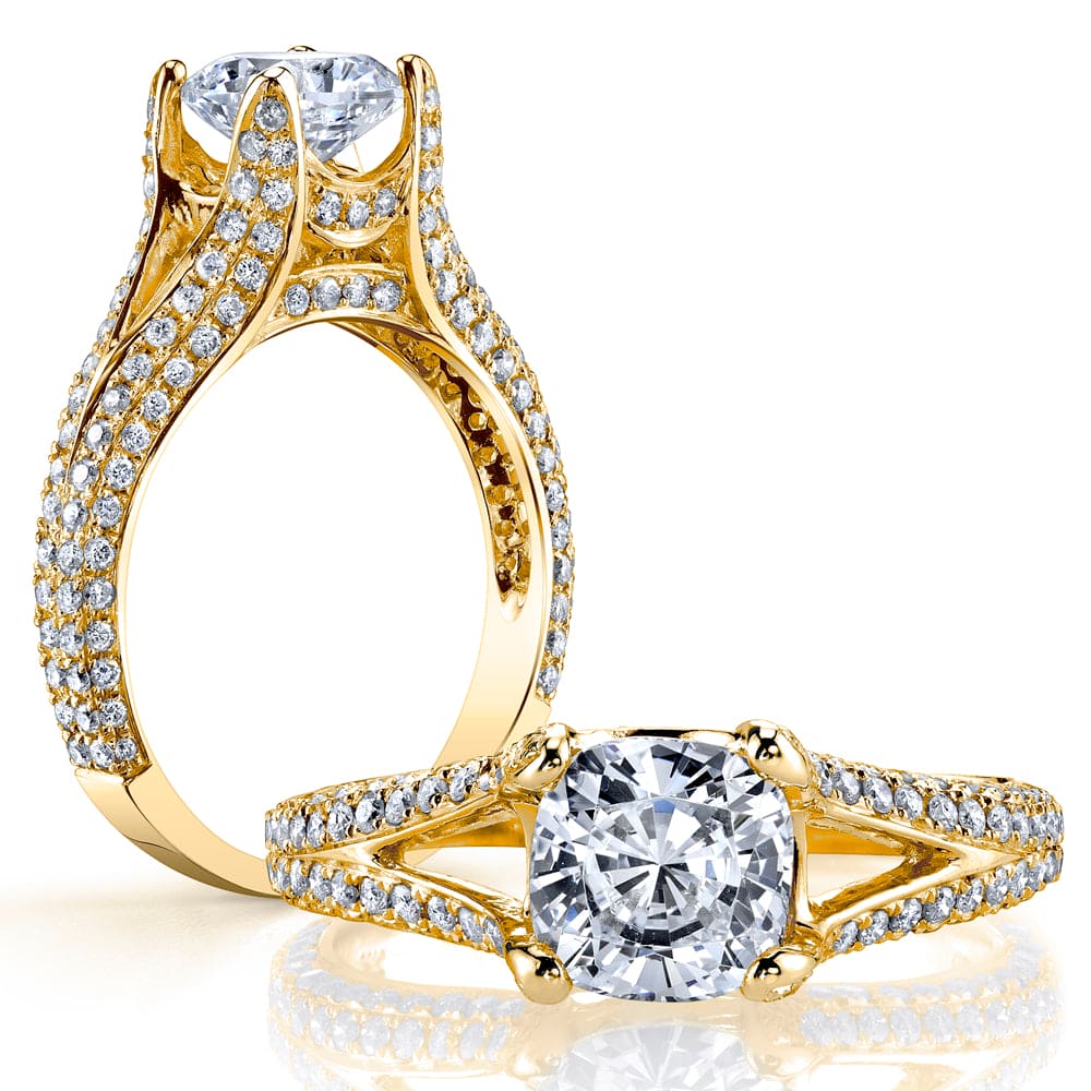  cushion cut split shank engagement ring yellow gold