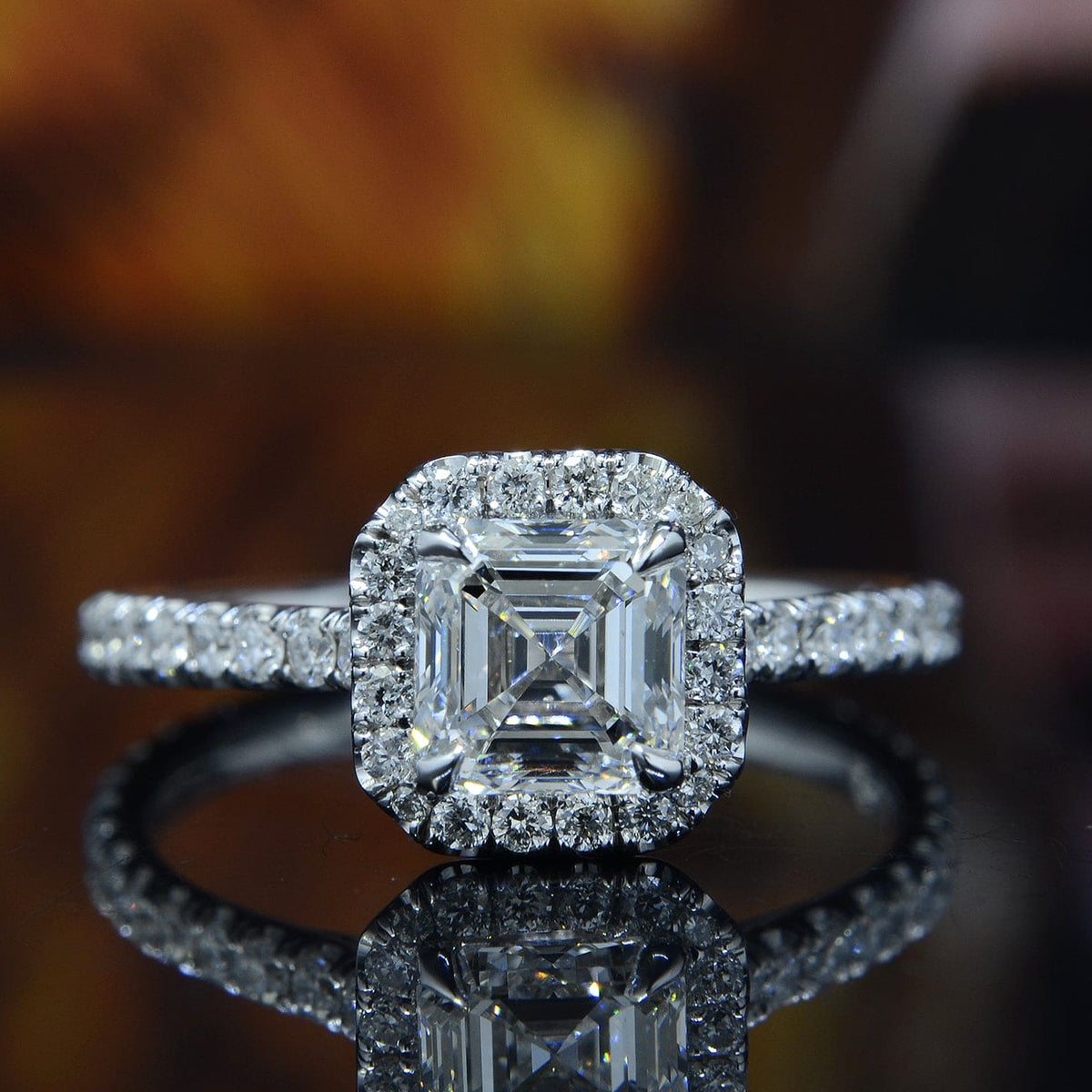 Asscher cut halo pave engagement ring