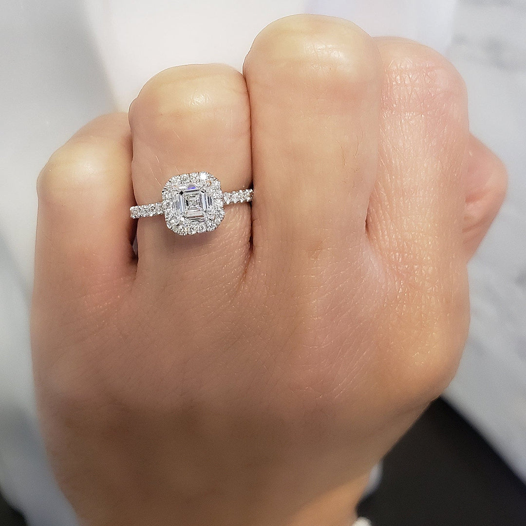 Asscher Cut Halo Pave Engagement Ring on Hand