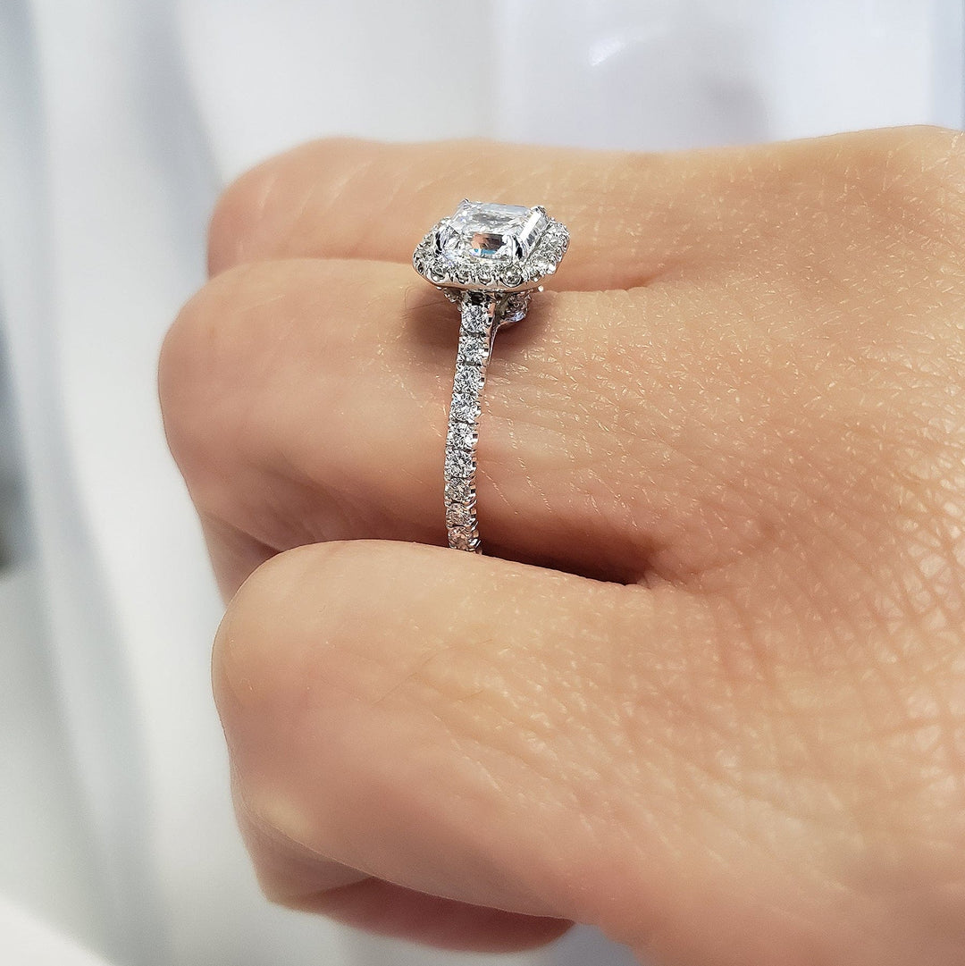 Asscher Cut Halo Pave Engagement Ring on hand side view