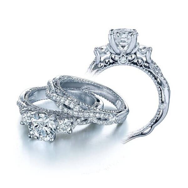 Round brilliant cut verragio venetian diamond three stone cross over engagement ring