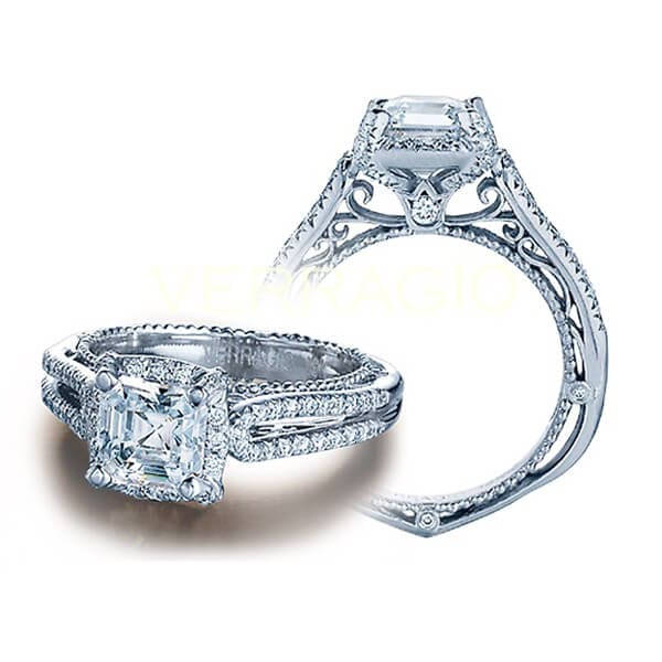 Asscher halo verragio venetian round brilliant cut diamond split shank engagement ring