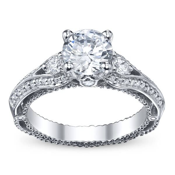 Classic Verragio Venetian Three Stone Round Brilliant Cut Diamond Engagement Ring W/ Milgrain