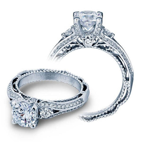 Classic Verragio Venetian Three Stone Round Brilliant Cut Diamond Engagement Ring W/ Milgrain