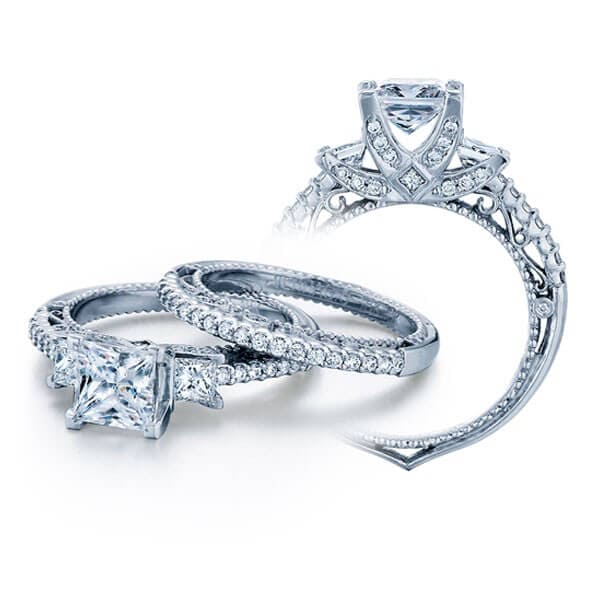 Pave unique verragio venetian three stone princess cut diamond engagement ring