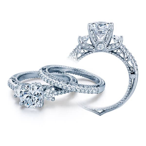Three stone unique verragio venetian round brilliant cut diamond engagement ring