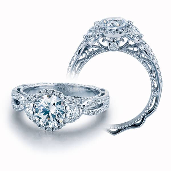 Three stone round cut verragio venetian engagement split shank ring