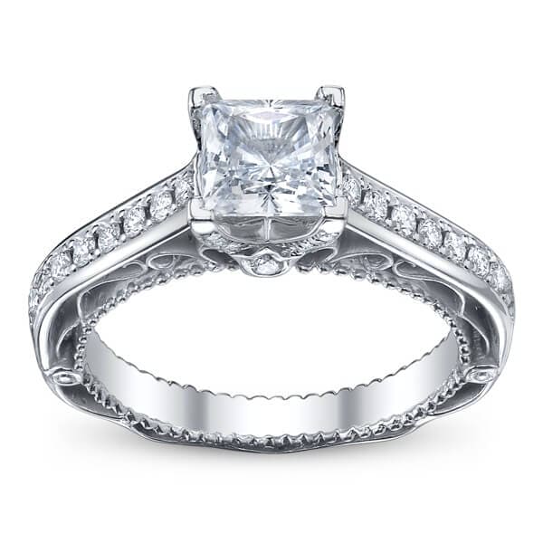 Solitaire Pave Princess Cut Verragio Venetian Engagement Ring W/ Milgrain