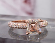 3 Row Pave Asscher Cut Diamond Engagement Ring Rose Gold