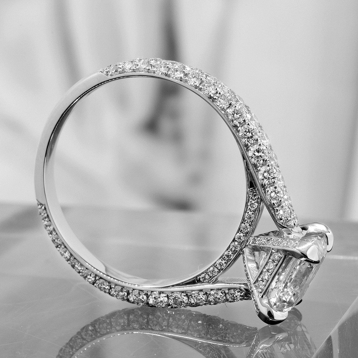 3 row pave asscher cut diamond engagement ring side view