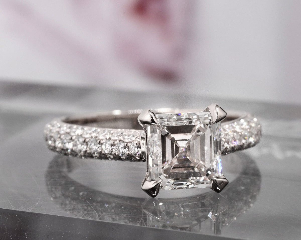 3 row pave asscher cut diamond engagement ring