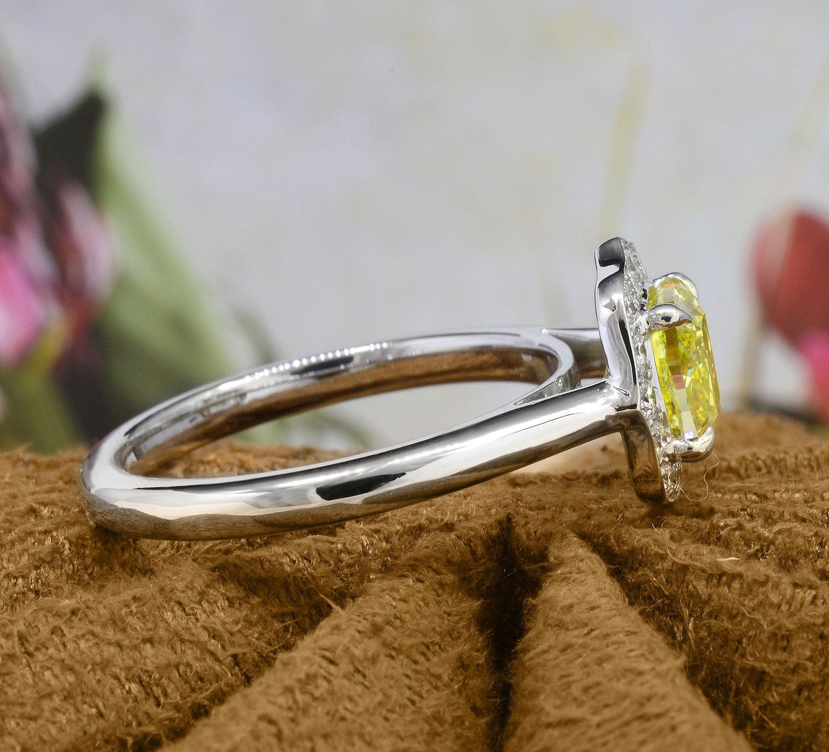 Yellow cushion halo engagement ring side profile simple shank
