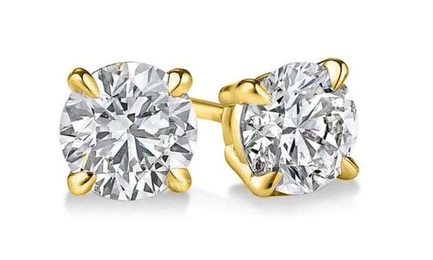Round brilliant cut diamond stud earrings yellow gold 4 prong