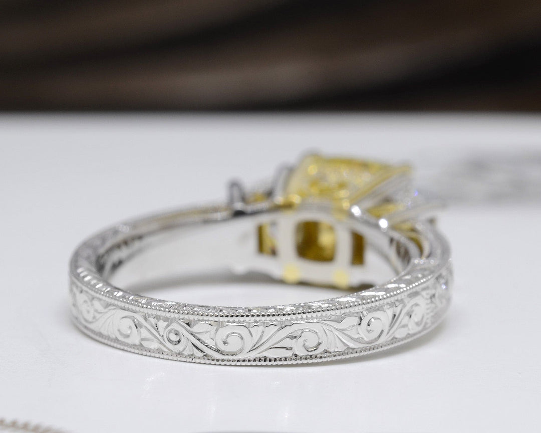 Yellow Art Deco Radiant Cut Diamond Ring Zoomed from Back View