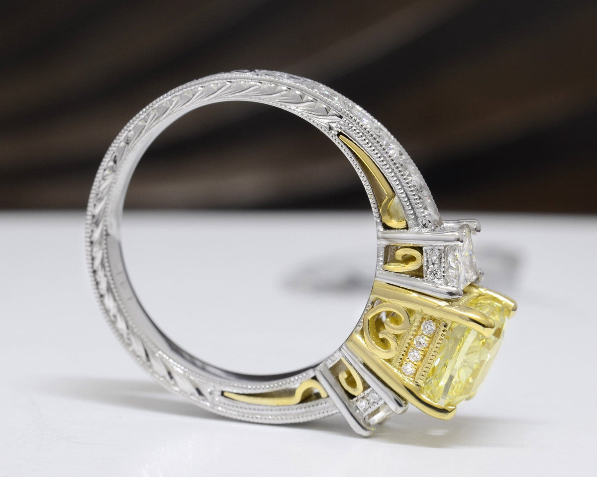 Yellow art deco radiant cut diamond ring side view hand carved
