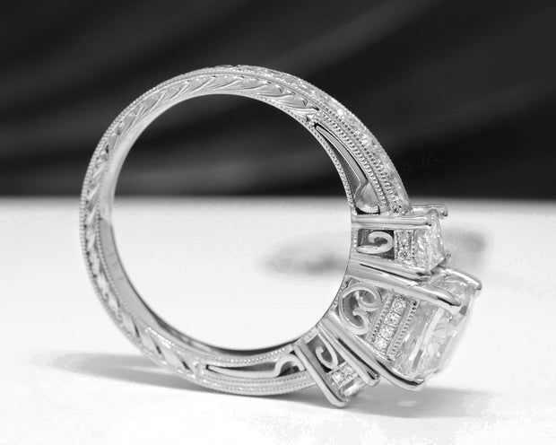 2.20 Ct. Radiant Cut Hand-Carved 3 Stone Ring H Color VS2 GIA Certified