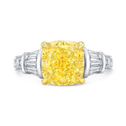 Yellow Cushion Cut Diamond Ring w Baguettes