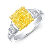 Yellow Cushion Cut Diamond Ring w Baguettes